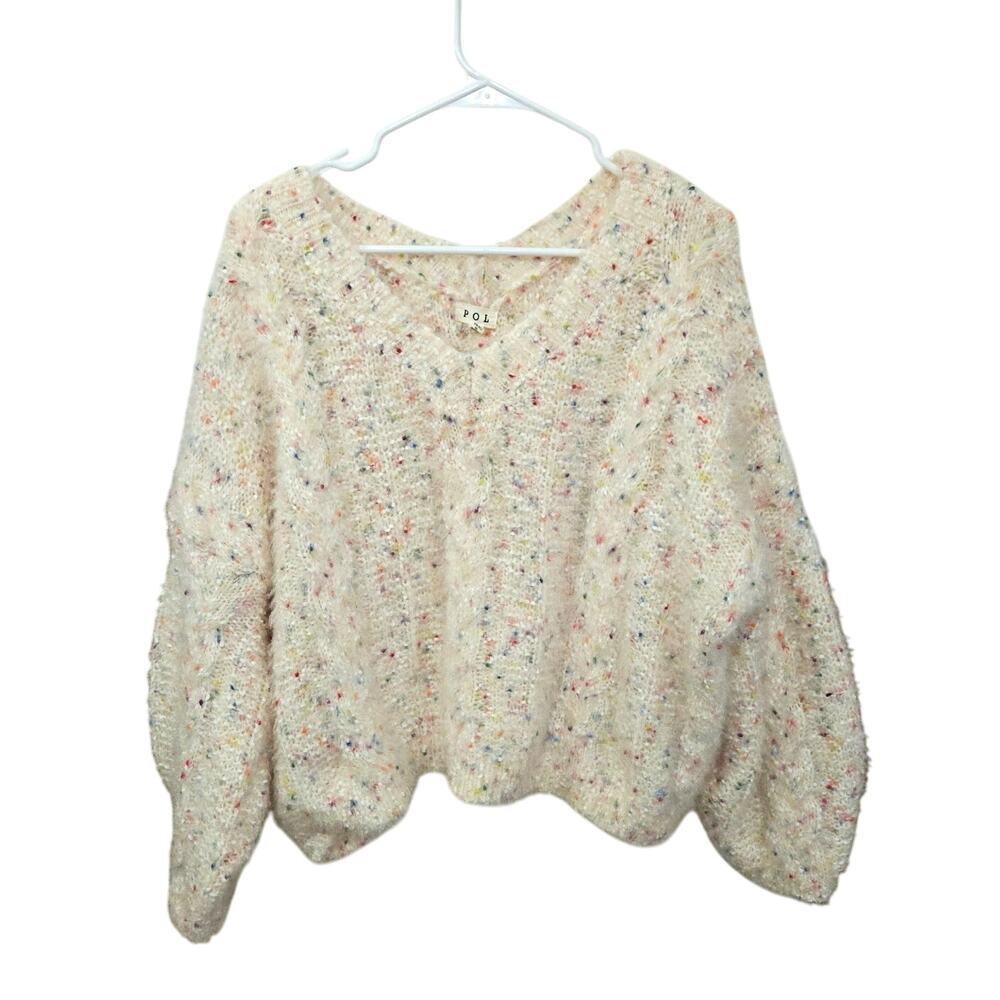 POL Anthropologie Oversized Multi Color Confetti Cream V-Neck Sweater Size Small - Picture 2 of 7
